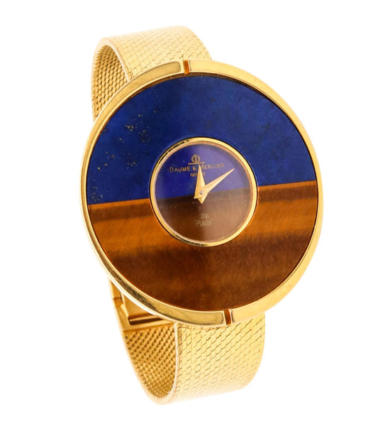 Baume & Mercier Piaget 1970 Retro Modernist Bracelet Wristwatch In 18Kt With Lapis Lazuli & Tiger Quartz