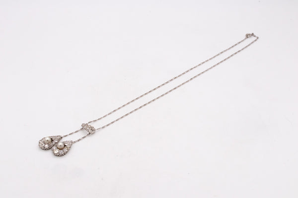 EDWARDIAN 1900'S PLATINUM LAVALIER NECKLACE WITH 5.88 Cts IN DIAMONDS & PEARLS