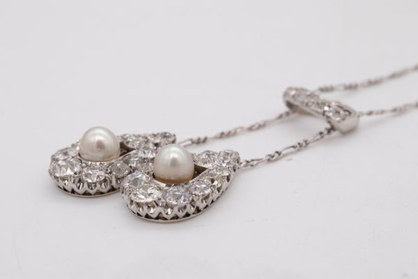 EDWARDIAN 1900'S PLATINUM LAVALIER NECKLACE WITH 5.88 Cts IN DIAMONDS & PEARLS