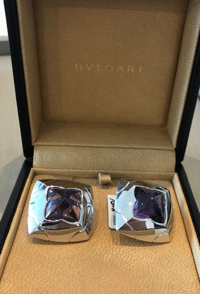 BVLGARI BULGARI 18KT WHITE GOLD PYRAMID EARRINGS WITH CARVED AMETHYST