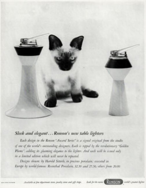 Ronson 1954 By Harold Sitterle Rosenthal Desk Tall Lighter In White And Black Porcelain